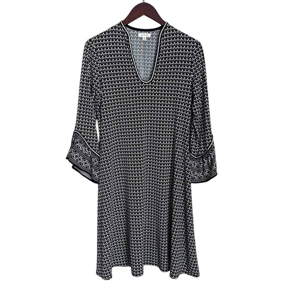Max Studio Bell Sleeve A-Line Dress Stretch Jersey Black White Floral Mod Office